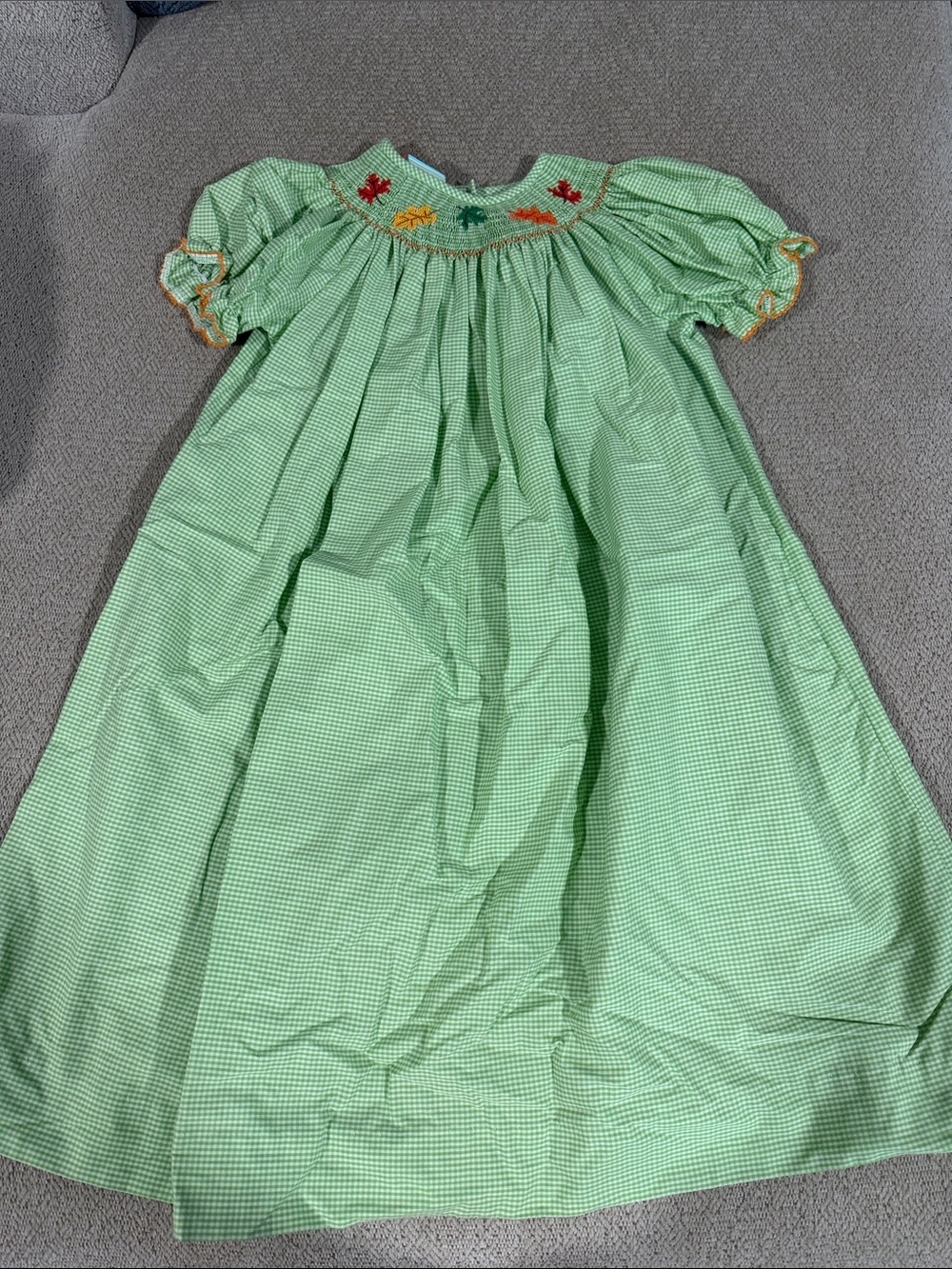 Girls' Green Smocked Dress with Autumn Leaf Embroidery